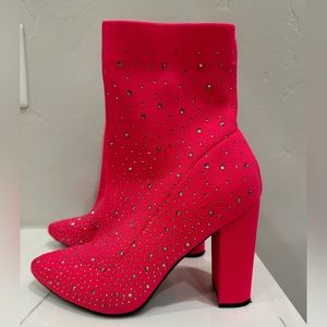 Hot pink rhinestone studded sock booties, size 8